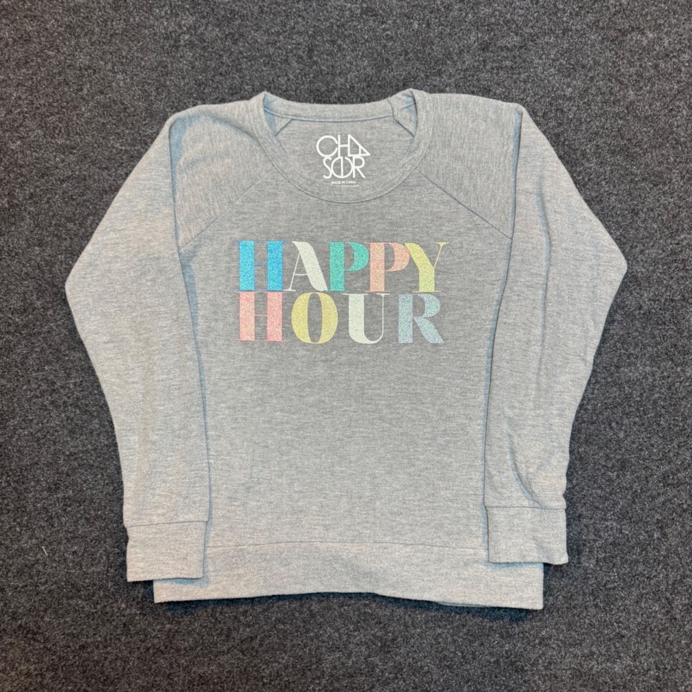 Chaser Happy Hour Glitter Graphic Sweatshirt Gray Raglan Pullover Small